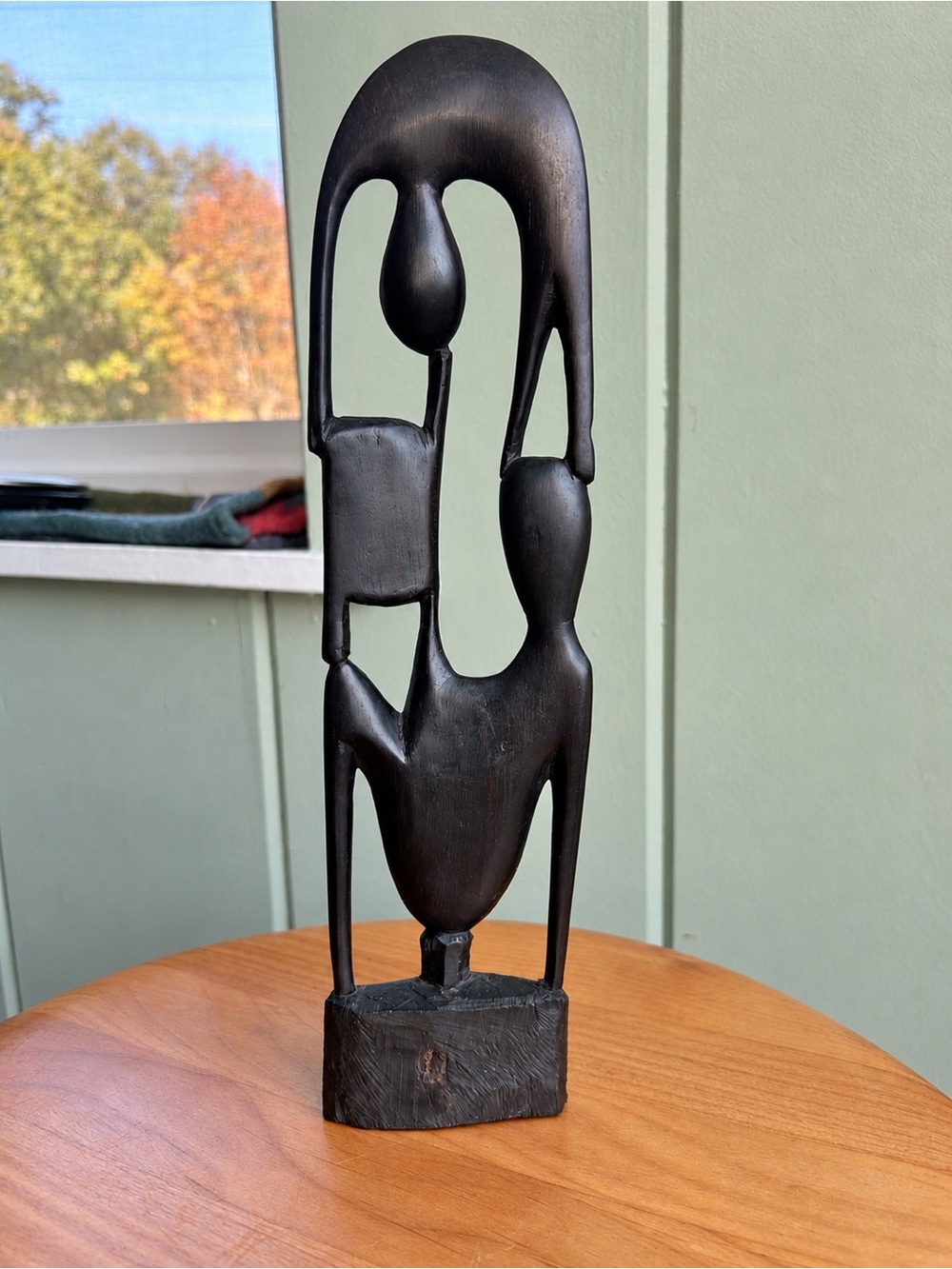 Carved Dark Wood Abstract Two Figure Sculpture Openwork Boho Decor